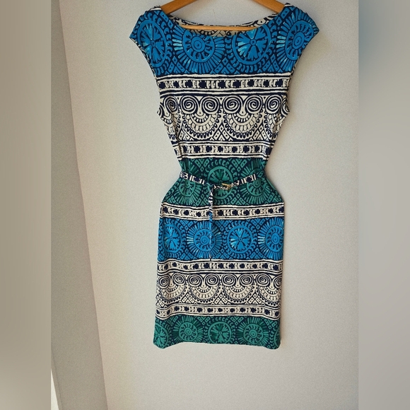 TORY BURCH 100% SILK KNIT Blue Green Patterned Dress Belt Size S - Picture 3 of 5